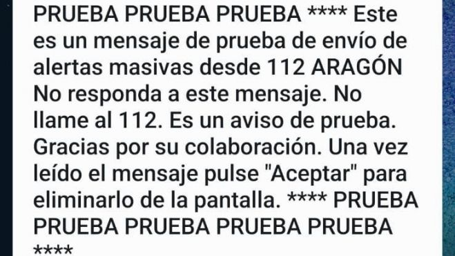 Mensaje recibido en los teléfonos móviles de vecinos y visitantes en el Alto Gállego Mensaje recibido en los teléfonos móviles de vecinos y visitantes en el Alto Gállego