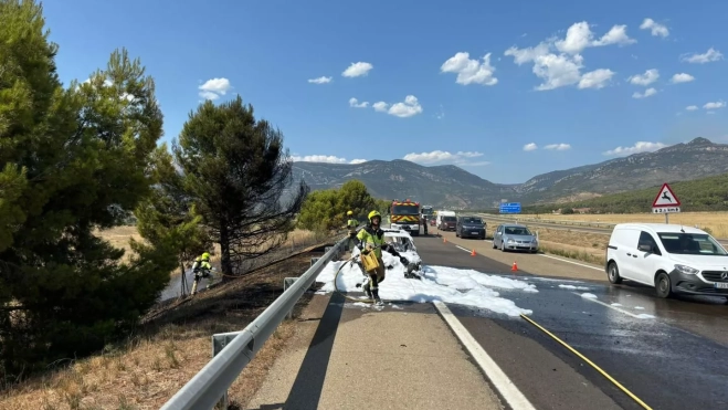 El incendio del vehículo ha afectado a una zona de matorral y pinos.