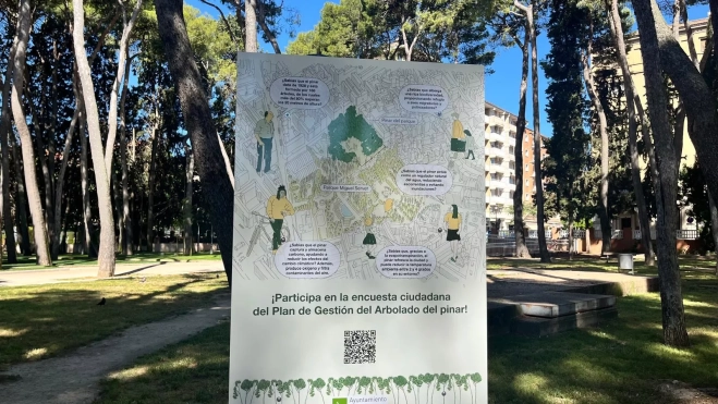 Cartel informativo ubicado en el pinar del Parque Miguel Servet. Foto Mercedes Manterola. Cartel informativo ubicado en el pinar del Parque Miguel Servet. Foto Mercedes Manterola.